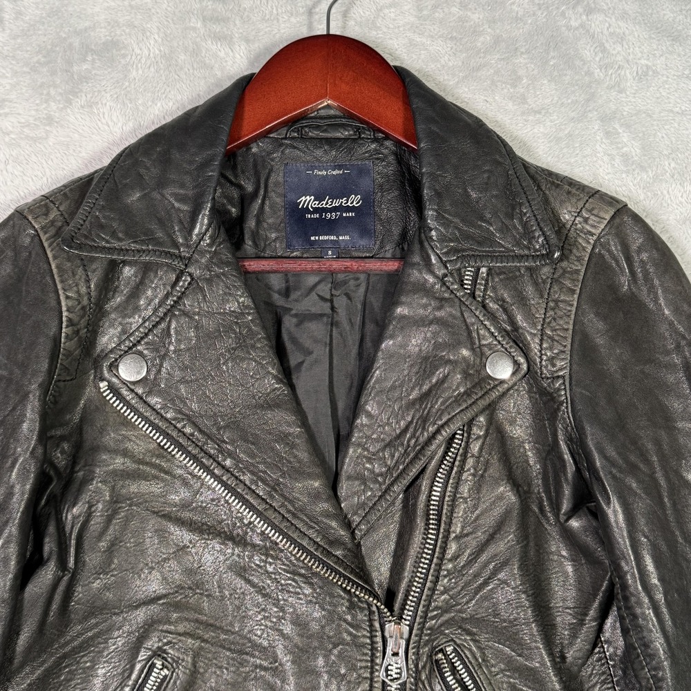 Madewell Jacket Womens S Black Washed Leather Moto Biker Asymmetrical Zip *FLAW - Picture 2 of 11